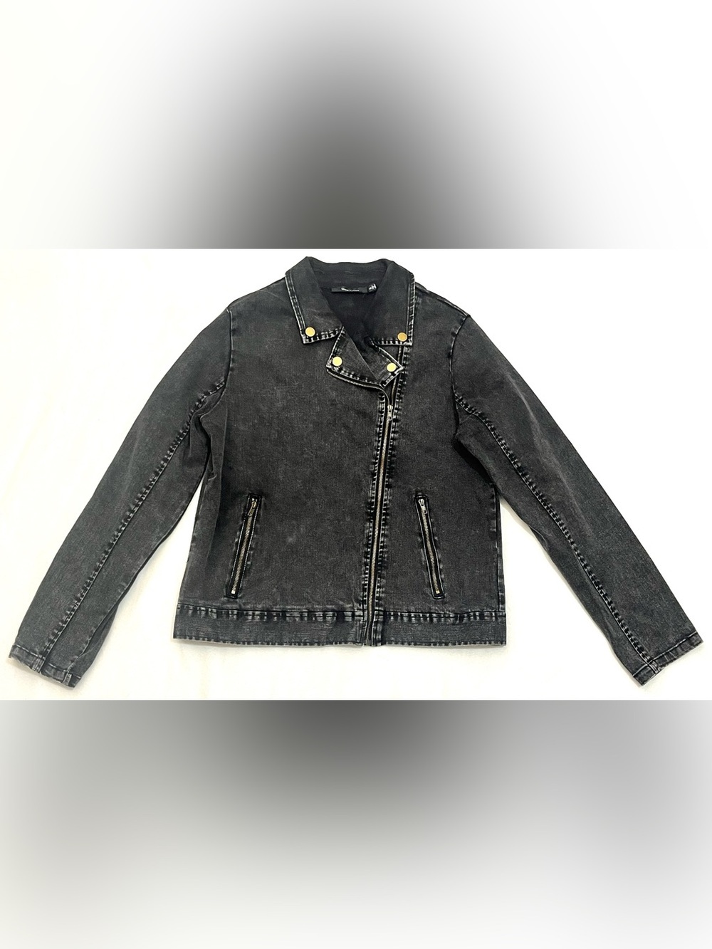 Doe & Rae Women’s Black Washed Denim Moto Jacket Gold Buttons Zipper Pockets S